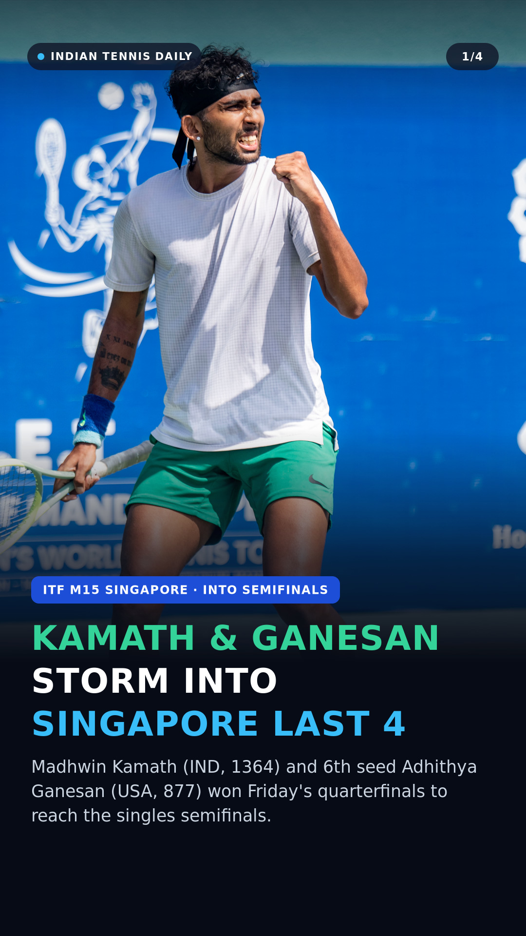 Slide 1: M15 SINGAPORE · SF - Kamath & Ganesan into SF. Madhwin Kamath (IND, 1364) and [6] Adhithya Ganesan (USA, 877) advanced to Saturday's singles semifinals.