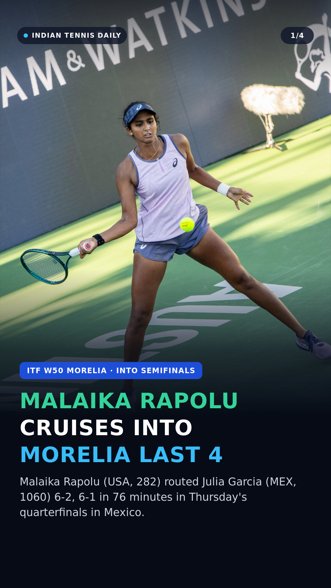 Slide 1: W50 MORELIA · SF - Malaika Rapolu into last 4. Malaika Rapolu (USA, 282) routed Julia Garcia (MEX, 1060) 6-2, 6-1 in 1h 16m in Thursday's QF.