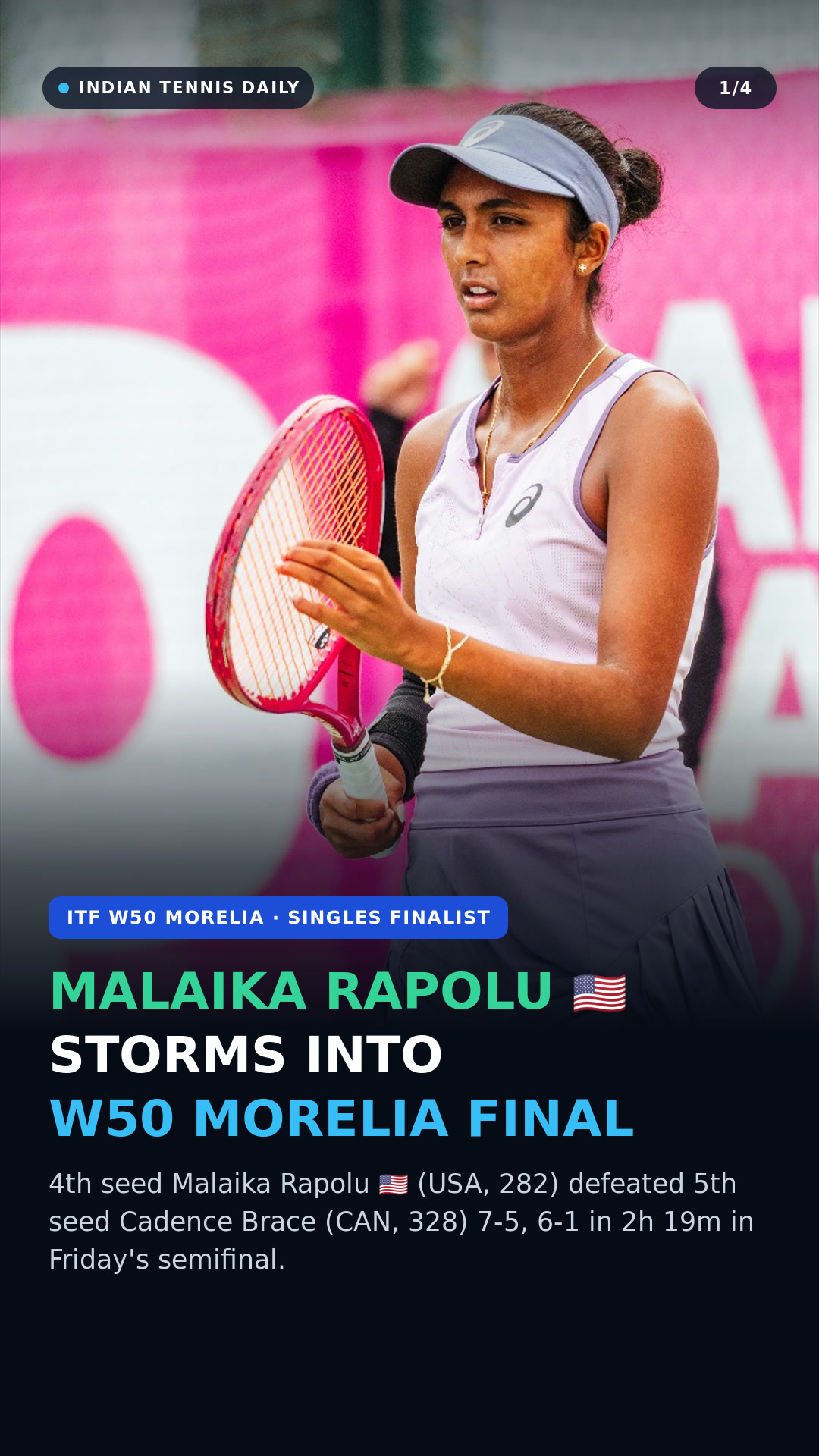 Slide 1: 4th seed Malaika Rapolu 🇺🇸 (USA, 282 · UTR 11.88) defeated 5th seed Cadence Brace (CAN, 328 · UTR 11.10) 7-5, 6-1 in 2h 19m to reach the 2026 ITF W50 Morelia singles final