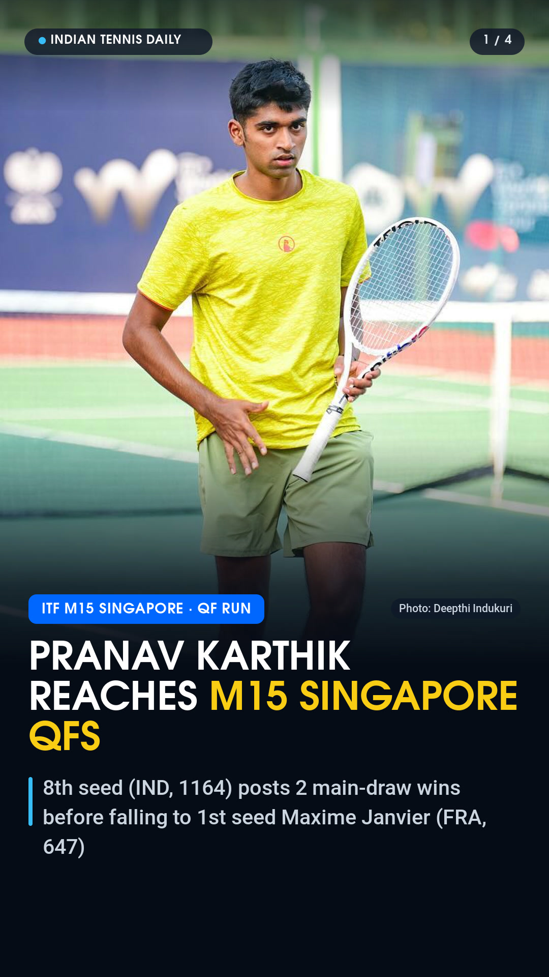 8th seed Pranav Karthik (IND, 1164) reaches the quarterfinals at the 2026 ITF M15 Singapore tournament